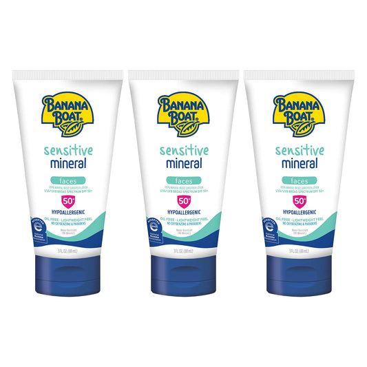 Banana Boat Sensitive 100% Mineral Face Sunscreen Lotion SPF 50 3oz | Travel Size Sunscreen Mini Sunscreen for Face Banana Boat Face Sunscreen Banana Boat Mineral Sunscreen SPF 50 3oz