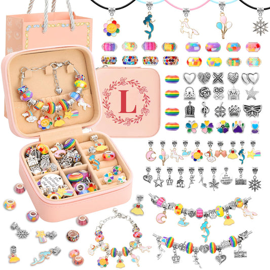 Charm Bracelet Making Kit for Girls 3-12 Kids Jewelry Making Kit 66Pcs Jewelry Kits for Girls Ages 8-12 Jewelry Maker Craft Necklace Birthday Christmas Gifts with Initial Jewelry Organizer Box - L