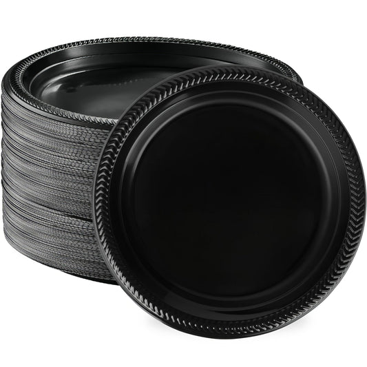 BESTYTY Black Plastic Plates 100-pack 9 inch Dinner Plates for Party Dessert Plates Appetizer Plates For Weddings Disposable Reusable Microwavable