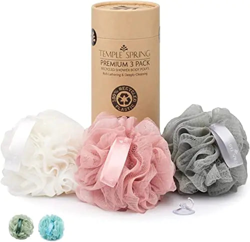 Temple Spring Shower Loofahs 3 Pack - Natural Recycled Shower Puffs for Body Set for Men and Women - Loofah Exfoliating Body Scrubber Bath Poufs or Shower Scrunchie - Coral Pink