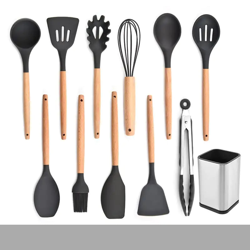 Silicone Kitchenware Set with Wooden Handles