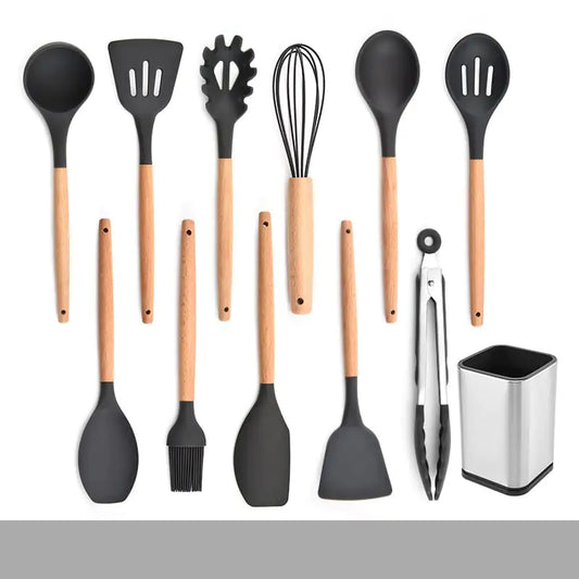 Silicone Kitchenware Set with Wooden Handles
