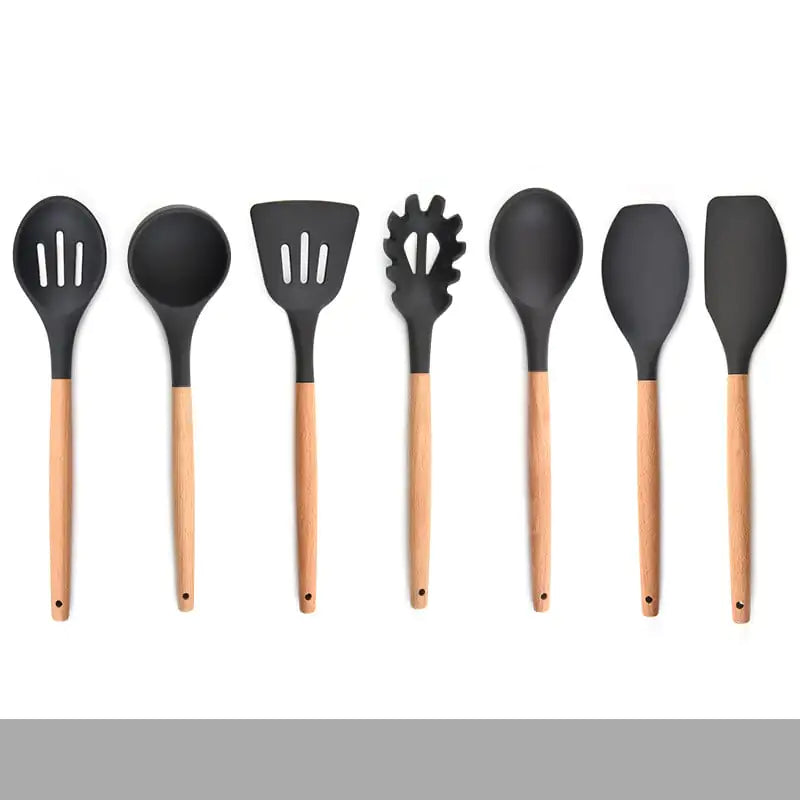 Silicone Kitchenware Set with Wooden Handles