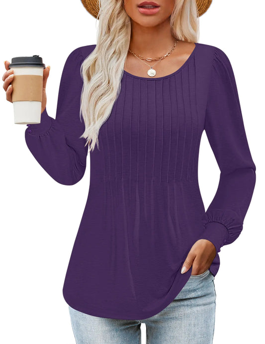 ZESICA Long Sleeve Shirts for Women Fall Tops Crew Neck Pleated Casual Tunic BlousesPurpleMedium