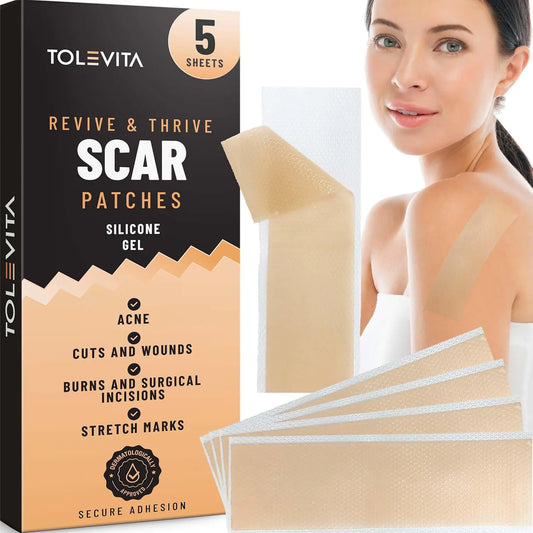 TOLEVITA Silicone Scar Patches – Silicone Gel Sheets for Scars Acne Surgery Keloid Scar Removal and Stretch Marks – Gentle Scar Care & Fading - 5 Sheets