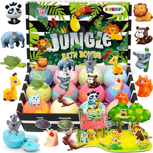 Bath Bombs for Kids with Surprise Inside Kids Bath Bombs with Jungle Toys Inside 12-Pack Organic Bath Bombs for Boys Bubble Bath with Magic Bathbombs Birthday Gifts for Boys