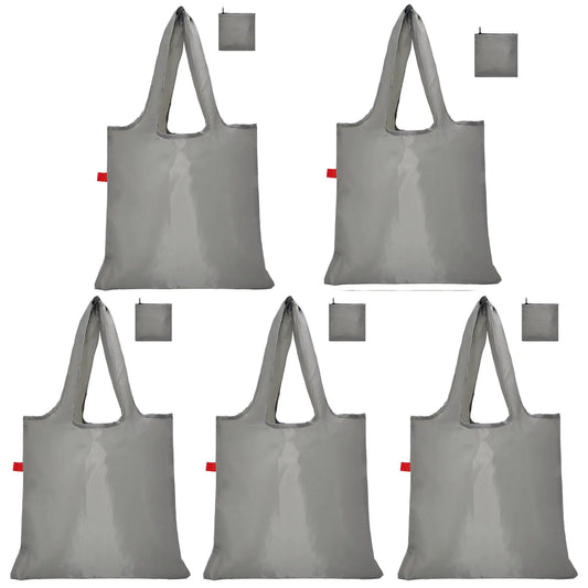 CALACH Reusable Grocery Bags Foldable Shoping Bags with Handles 5 Pack Tote Bags Bulk Nylon Bags Waterproof & Lightweight (Standard Grey)