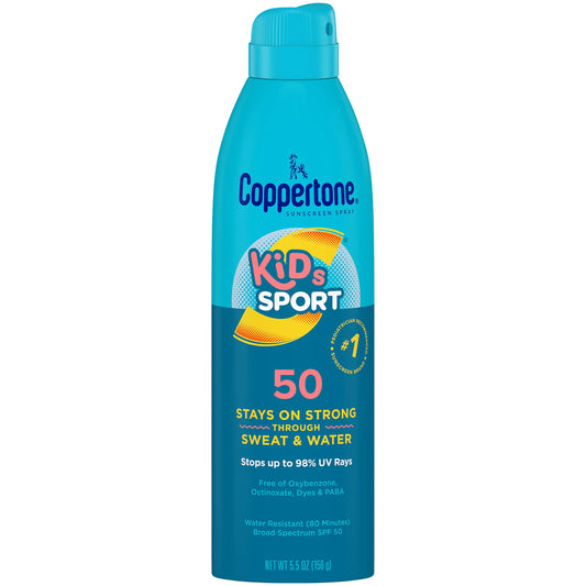 Coppertone SPORT Kids Sunscreen Spray SPF 50 Water Resistant Continuous Spray Sunscreen for Kids Broad Spectrum Sunscreen SPF 50 5.5 Oz Spray