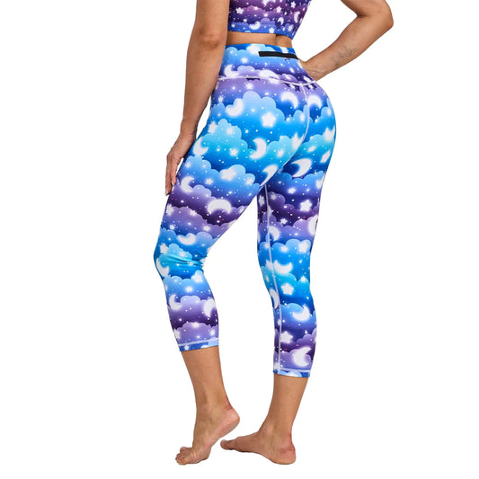 Capri Leggings for Women Workout Leggings for Women Printed Yoga Leggings with Pockets Pastel Moon Stars Small