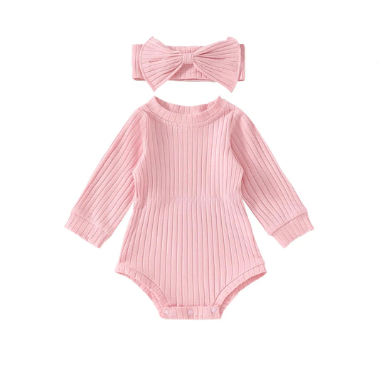 Covvoliy Newborn Baby Girl Clothes Long Sleeve Knit One Piece Romper Bodysuits with Headband Fall Winter Outfits (Light Pink 12-18 Months)