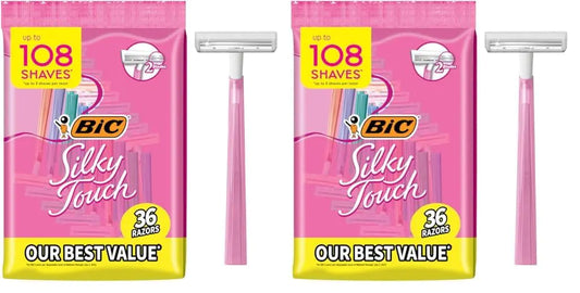 BIC Silky Touch Womens Disposable Razors With 2 Blades Pretty Pastel Razor Handles 36 Count Value Pack of Shaving Razors (Pack of 2)