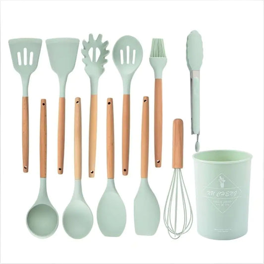 11pcs Wooden Handle Silicone Kitchenware Set