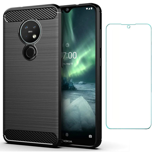 Asuwish Compatible with Nokia 6.2/7.2 Case and Tempered Glass Screen Protector Cover Cell Accessories Soft TPU Protective Slim Phone Cases for Phone Cases for Nokia6.2 Nokia7.2 Carbon Fiber Black