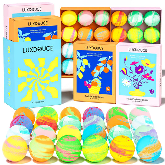 Bath Bombs Gift Set 24 Pack Bubble Bombs with 12 Unique Scents Floral Euphoria & Fruitful Bliss Collections Skin-Soothing & Mood-Enhancing Bath Bombs Mothers Day Gift Set for Mom