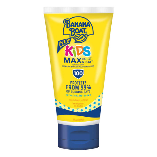 Banana Boat Kids Max Protect & Play Lotion Sunscreen SPF 100 4oz | Childrens Sunscreen Kids Sunblock Spray High SPF Sunscreen Water Resistant Sunscreen for Kids SPF 100 Sunscreen 4oz