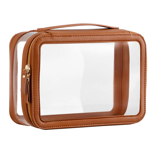 Vorey X-Large Clear Makeup Bag for Women Portable Travel Makeup Bag Organizer Waterproof Toiletry Bag Cute Makeup Bags Cosmetic Bag Makeup Pouch Brown
