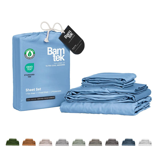 Bamtek 100% Viscose Derived from Bamboo Sheets Full Size - Soft Luxury Bed Sheets - Cooling Sheets for Hot Sleepers Full Bed - 4 Piece Full Sheet Set with 17 Deep Pockets - Full Bed Sheets (Sky)
