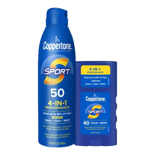 Coppertone Sport Sunscreen Pack Water Resistant Sunscreen Sport Sunscreen Spray SPF 50 5.5 Oz Can + Sport Sunscreen Stick SPF 40 Body and Face Sunscreen Stick 1.5 Oz