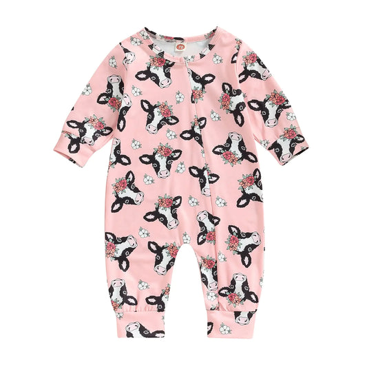 TheFound Western Baby Boys Girls Clothes Horse Floral Print Long Sleeve Infant Jumpsuits Newborn Autumn Cute Bodysuits 0-18M (Pink G 3-6 Months)
