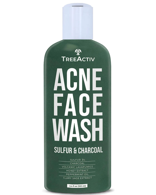 TreeActiv Acne Charcoal Face Wash 3.4 oz Exfoliating Daily Honey & Sulfur Face Wash - Sulfur Acne Treatment Cleanser Face Soap Mens Face Wash Deep Cleansing Moisturizing Face Wash for Women and Men