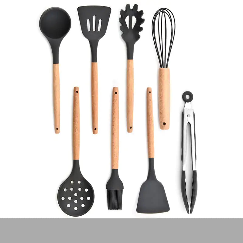 Silicone Kitchenware Set with Wooden Handles