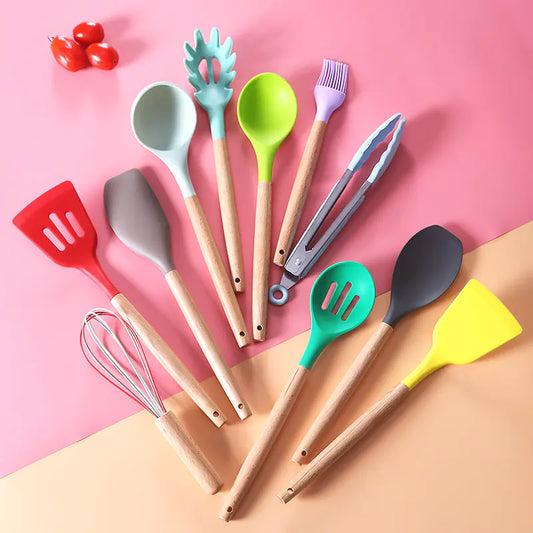 Colorful Silicone Kitchenware Set with Storage Bucket