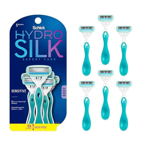 Schick Hydro Silk Sensitive Womens Disposable Razors 6ct | 5-Blade Disposable Razors for Women Sensitive Skin | Travel Razor for Women