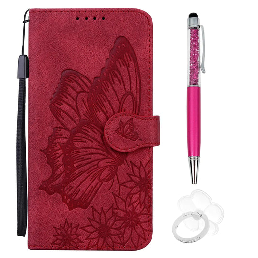 SUPWALL Designed for iPhone 15 Plus Wallet Case | Skin Feel Embossed Butterfly Flower Leather Folio Case | Card Holders Stand Wrist Strap Flip Case with Stylus Pen Ring Holeder - Red