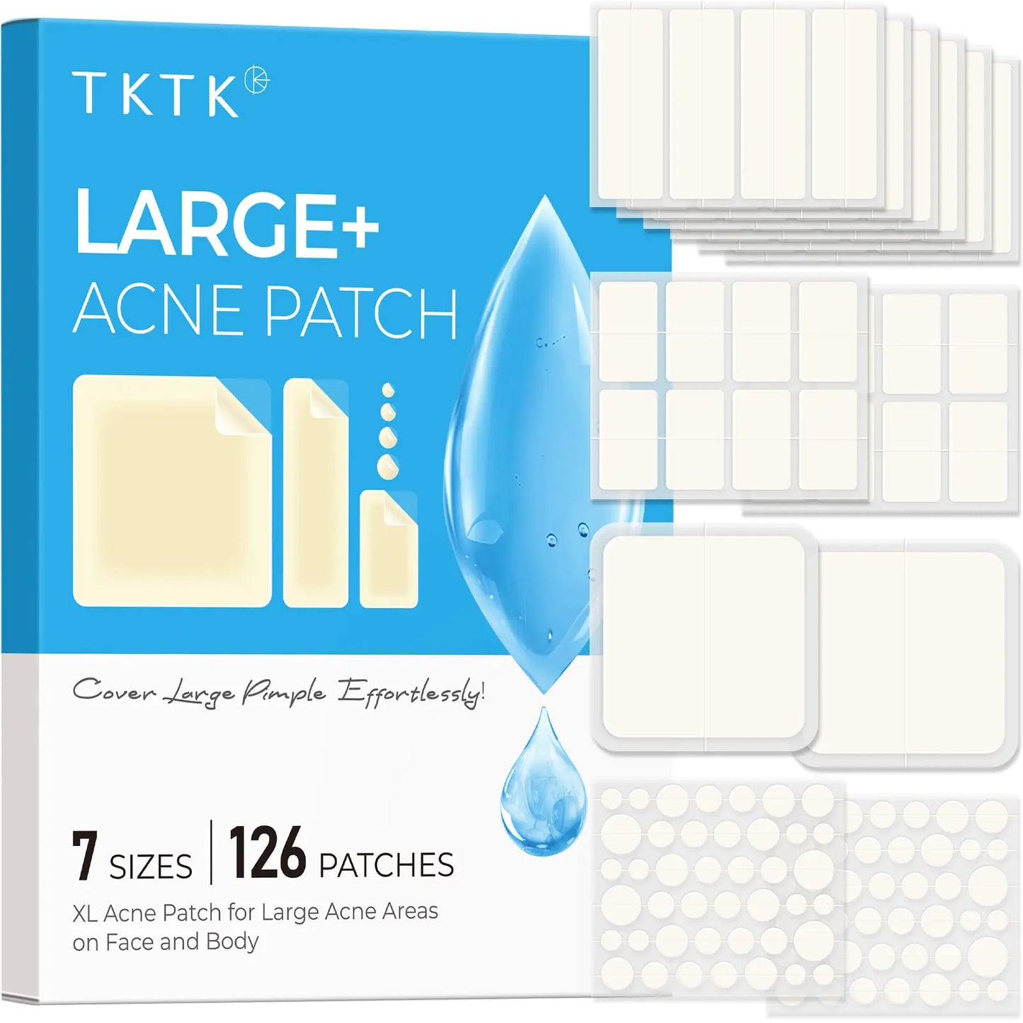 TKTK Large Pimple Patches for Face 7 Sizes XL Acne Patches Big Hydrocolloid Bandages for Body Chin Forehead Chest Back Zit Breakouts Hydrocolloid Patch (Strip Square Dot 126 Count)