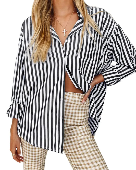 thefabland Womens Blouses Striped Long Sleeve Shirts Button Down Loose Fit Casual Tops