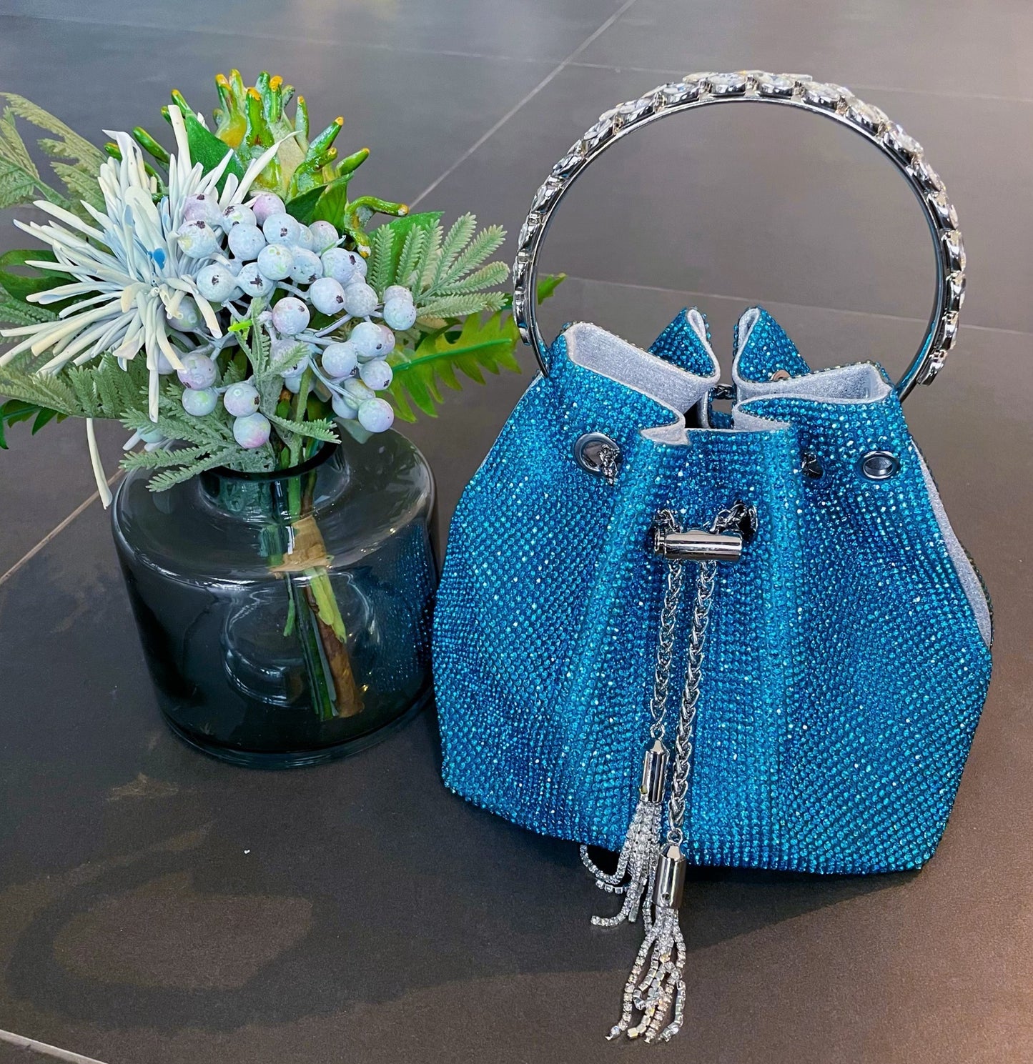 Shiny Handbag with Rainbow Tassels and Diamonds