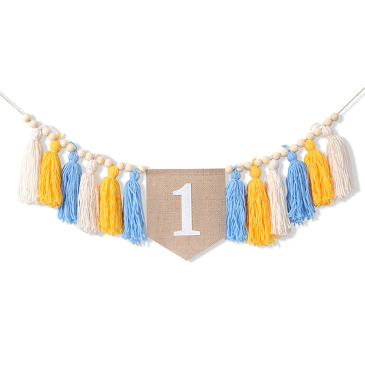 1st Birthday High Chair Banner - Pink Tassel Theme Banner for Girl - First Birthday Party Banner - 1st Birthday Photo Backdrop - Wall Hangings Decorative for Kids Bedroom Nursery (Yellow Blue)