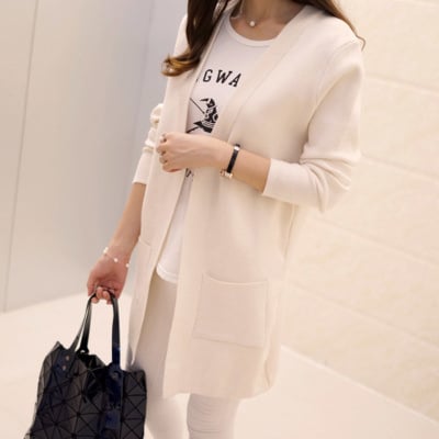 V-neck Mid-length Knitted Cardigan with Pockets
