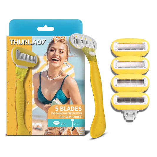 THURLADY Razors for Women 5-Blade Razors for Women Sensitive Skin Women Razors for Shaving Pubic Hair Extra Smooth Shaver for Women 1 Razor with 4 Razor Blade Refills Lemon Yellow