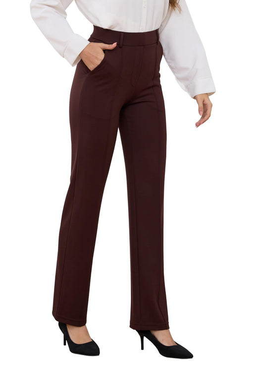 Yoga Dress Pants for Women Straight Leg Stretchy Pull On High Waisted Pants Woman Business Slacks Casual Work Office with Tuck Line Zipper Pockets 29" Brown L
