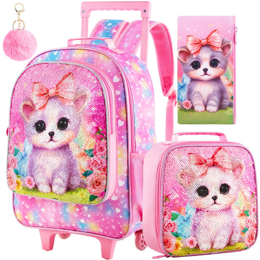 TXHVO 3Pcs Rolling Backpack for Girls Kids Roller Bookbag with Wheels Dog Sequin Wheeled Backpacks Set for Elementary Toddler(Pink)