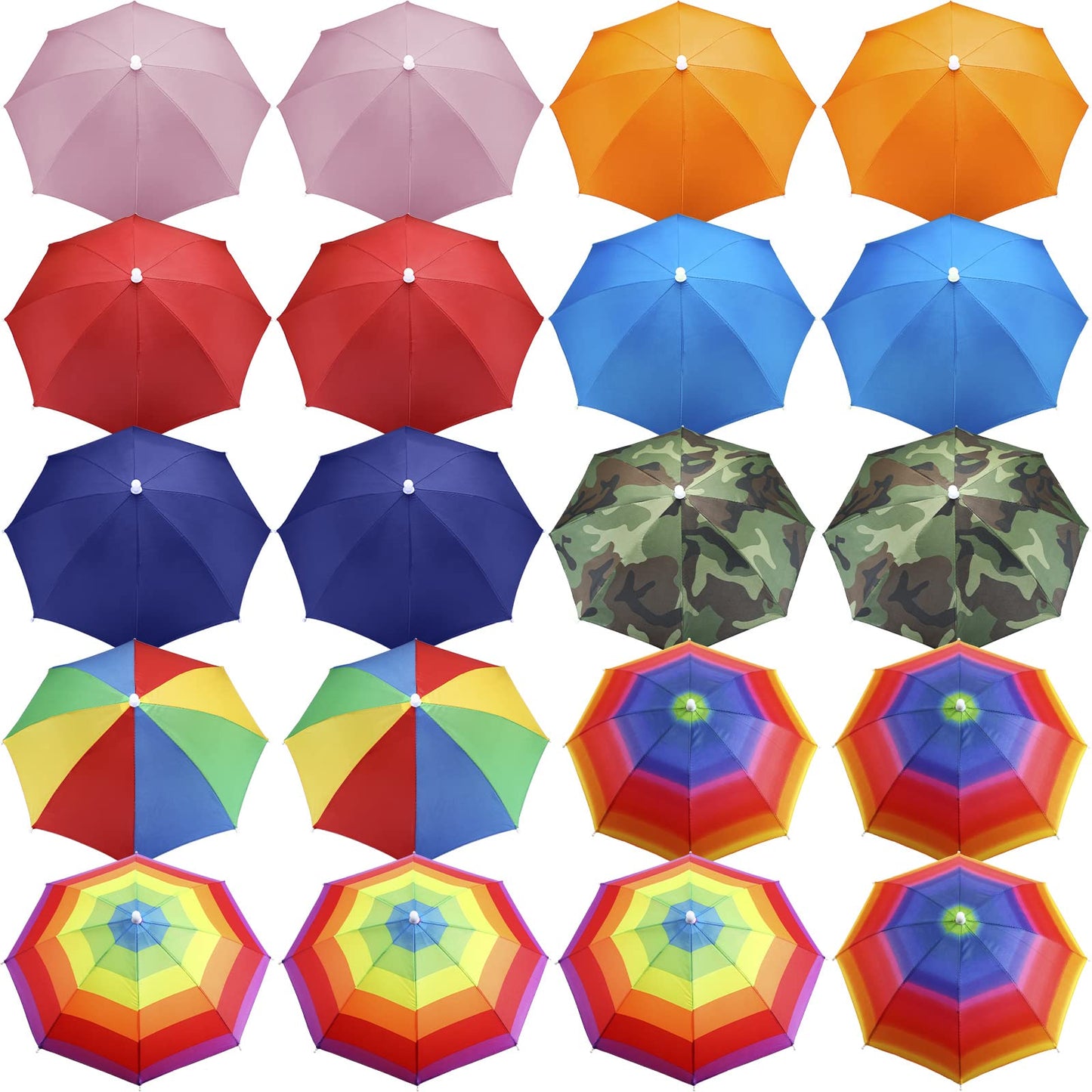 Reginary 20 Pack Umbrella Hats with Elastic Band Rainbow Umbrella Hats Camouflage Fishing Cap Colorful Party Hats Hands Free Umbrella 20 Inch Adjustable Beach Hats for Adults Kids Women Men