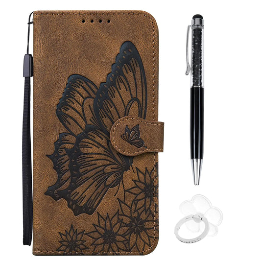 SUPWALL Designed for iPhone 15 Pro Wallet Case | Skin Feel Embossed Butterfly Flower Leather Folio Case | Card Holders Stand Wrist Strap Flip Case with Stylus Pen Ring Holeder - Brown
