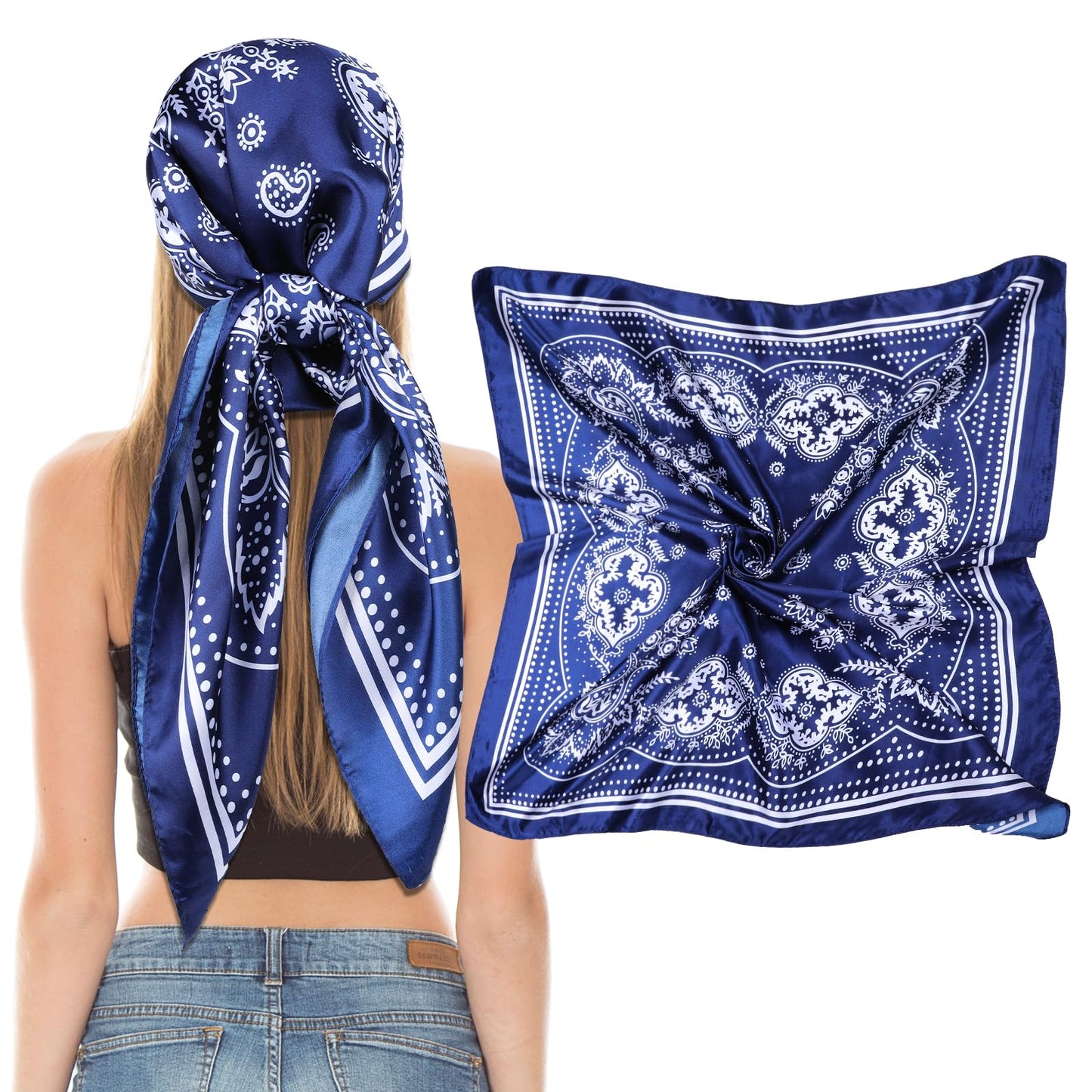 Giantree Women Square Satin Head Scarves Satin Scarf 35" Large Soft Square Satin Scarf Bandana Scarf Satin Womens Scarves Neck Headscarf Decoration Headwear Gift for Women(Navy Blue)