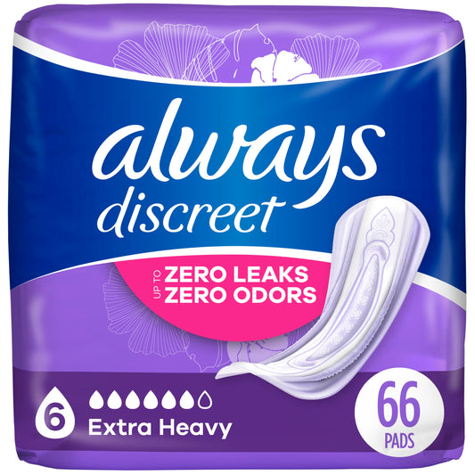 Always Discreet Adult Incontinence & Postpartum Pads for Women Extra Heavy Overnight Absorbency Regular Length 33 Count x 2 Packs (66 Count Total) (Packaging May Vary)