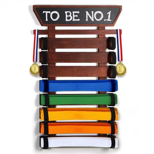TIPSYTREE Karate Belt Display Rack with Handwritable Blackboard 8 Taekwondo Belt Display Rack with DIY Board，Personalization Taekwondo Belt Display for Kids Karate Belt Holder BJJ Belt Display