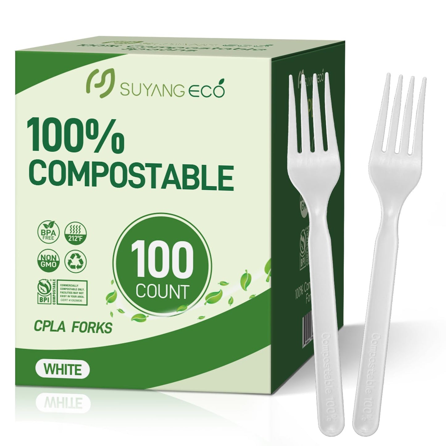 SUYANGECO Compostable Disposable Forks 100 Count 100% Compostable Bulk Forks Biodegradable Heavy Duty Forks Compostable Forks Silverware Cutlery Biodegradable Utensils for Parties Dinners