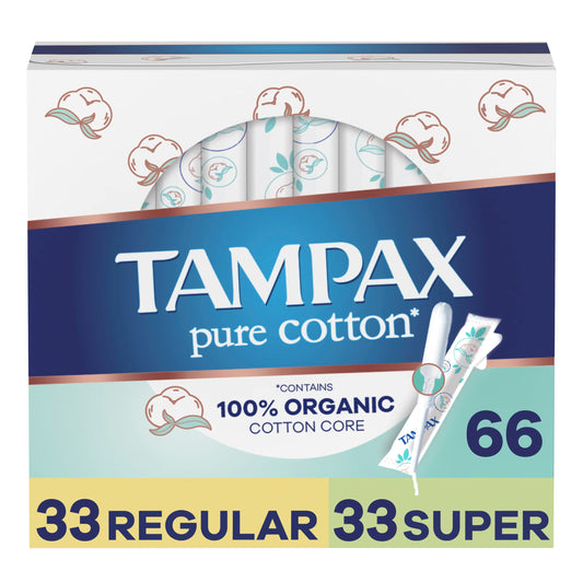 Tampax Pure Cotton Tampons Contains 100% Organic Cotton Core Regular/Super Absorbency unscented 22 Count x 3 Packs (66 Count Total)