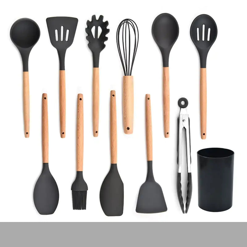 Silicone Kitchenware Set with Wooden Handles