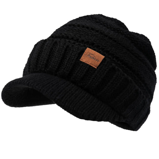 Winter Hats for Women - Thick Warm Stylish Knit Beanie Hat Soft Stretch Cute Womens Winter Hats with Visor Black