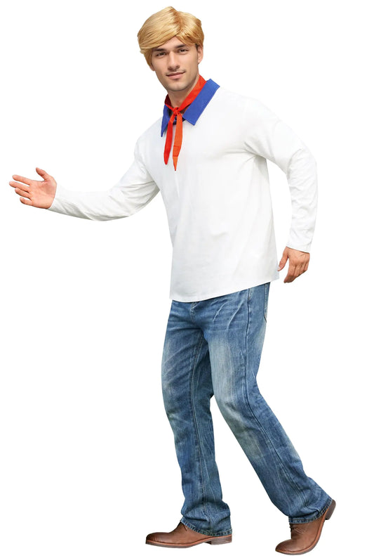 Arvilhill Mens Halloween Costumes Classic Long Sleeve Fred Scoby Outfit Mens Funny Cosplay Shirt XXL