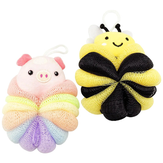 BETITETO Bath Sponges 2Pieces Kids Cute Cartoon Animal Bath Loofahs Pouf Mesh Balls Body Scrubber Bathing Accessories Gifts for Children Women (Bee + Pig)