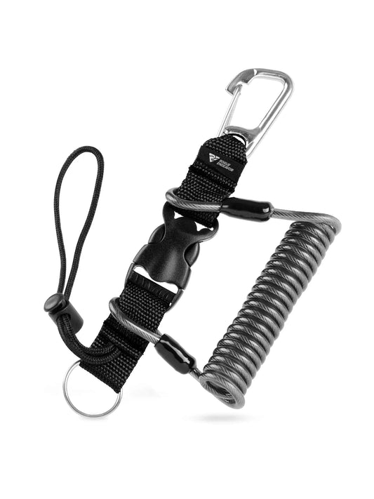 Rogue Endeavor Heavy Duty Dive Clip Stainless Steel Split Ring & Slide Lock Lanyard Quick Release Buckle 36" Steel Core Lanyard Ideal for Cameras/Lights/Tools/Paddles (Black)