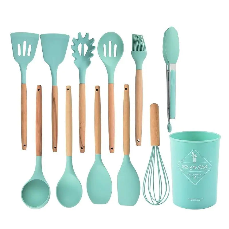 11pcs Wooden Handle Silicone Kitchenware Set