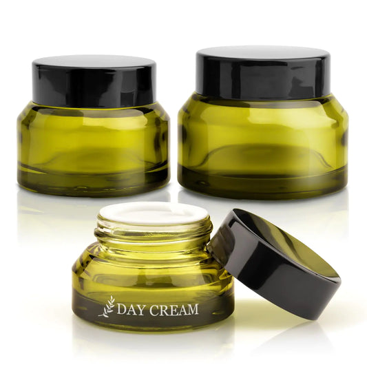 3 Pac Small Glass Containers with Lids and Labels(0.5 oz 1 oz 1.7 oz) Glass Jars with Inner Liners Travel Size Containers for Slime Cosmetic Makeup Moisturizers and Powder (Olive)